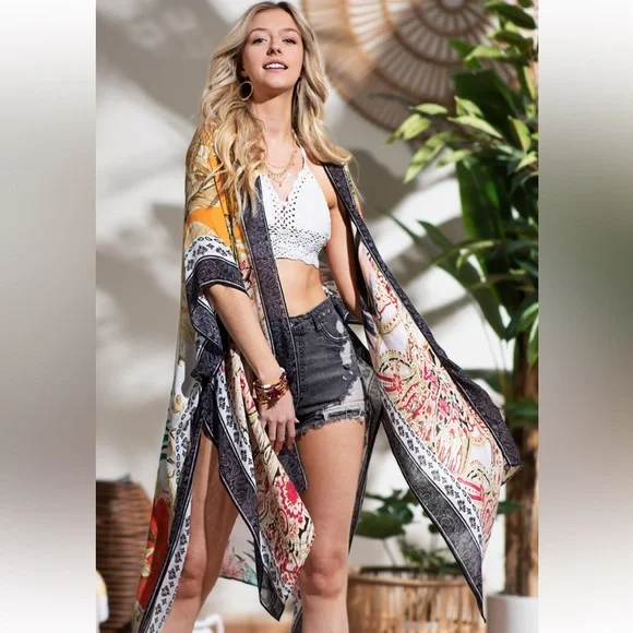 Boutique NWT Gypsy Boho Island Print Hippie Duster Kimono S - 3x - Picture 5 of 5